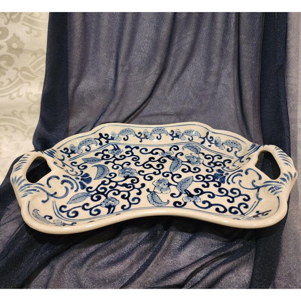 Vintage Blue & White Floral Porcelain 17” Sandwich Tray with Handles